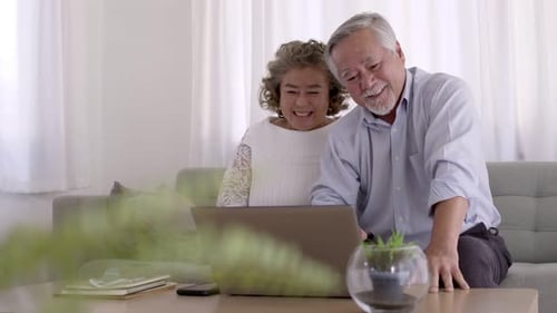 Smiling Senior Couple Using Laptop at Home