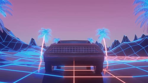 Retro Synthwave Car Driving Through Neon Grid Landscape Loop