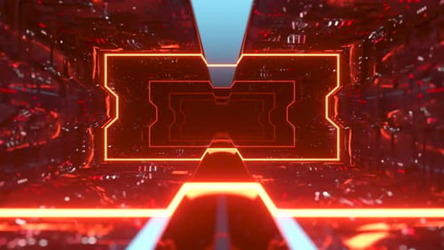 Futuristische Animation des Fliegens durch einen roten Tunnel mit Neonlichtern