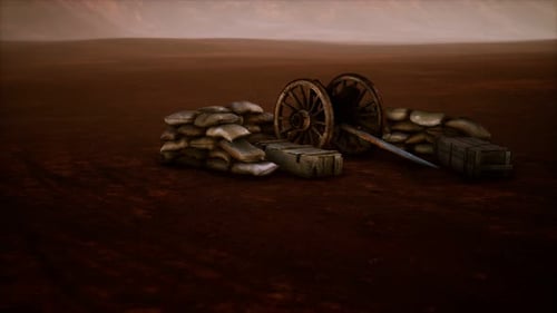 Desolate Battlefield Scene with Sandbags and Vintage Wheels