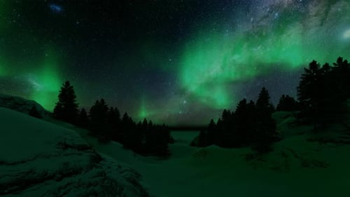 Grüne Nordlichter, Aurora, Schnee im Fantasy-3D-Stil, Universum, Weltraum-Hintergrund, Blauer Sternenhimmel