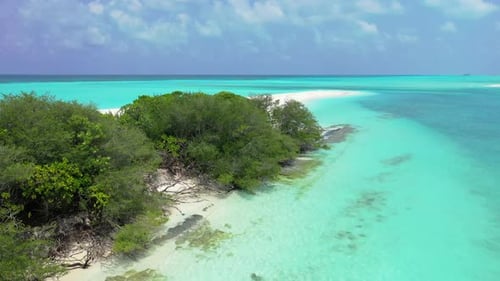 Aerial top down seascape of beautiful shore beach trip by blue green ocean and white sand background