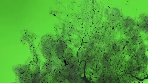 Black paint sprayed over green screen mixing in water