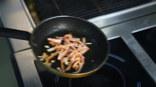Bacon Frying in Pan on Electric Stove