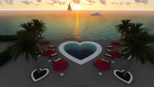 Herzförmiger Pool bei Sonnenuntergang