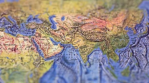 Zoom Out On Bright Topographical Map Of Asia