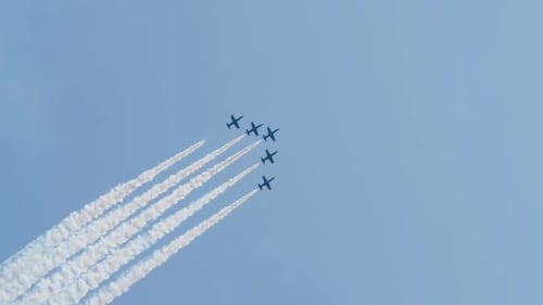 Airplanes Flying in Formation Against a Blue Sky