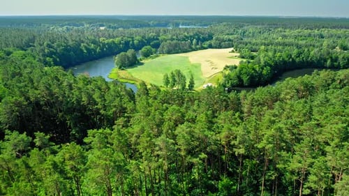 Aerial view of wildlife in Poland. Curvy river and forests.