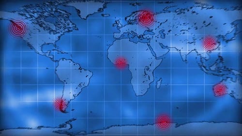 Location point produce radio wave. Radio wave signal on futuristic earth map.