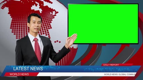 Live News Studio With Asian Male Anchor Reporting On A Story With TV Green Screen