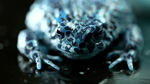 Blue Frog Resting on a Reflective Surface