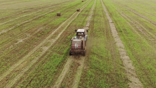 Aerial View of a Tractor with a Round Baler Which Makes Bales of Straw on a Harvested Field