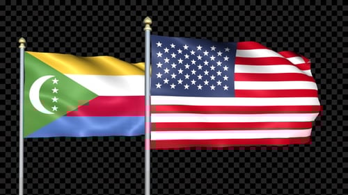 Realistic Comoros and USA Flags Waving