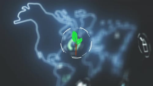 Ecological symbols in front of world map, global fight against climate crisis. Green planet, photovo