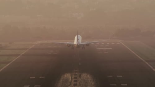 Passenger Airplane Gaining Speed with a Cityscape in the Background