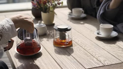 Close-up of Three Girlfriends Sitting in the Cafe, One of Them Pouring Tea. Young Women Relaxing