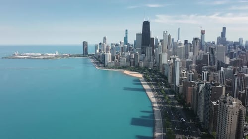 Modern Water Front Buildings with Michigan Lake View Cinematic Aerial Chicago