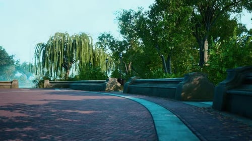 Serene 3D Animated Park Scene with Weeping Willow Tree