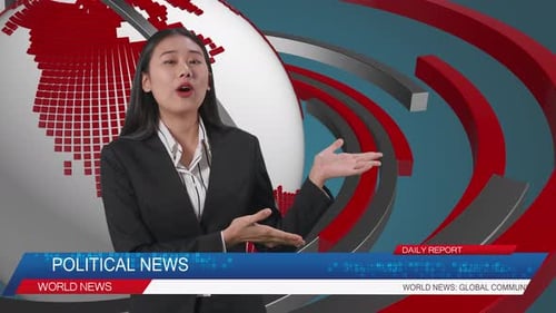 Live News Studio With Asian Female Anchor Pointing To Side While Reporting On The Events Of The Day