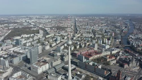 CIRCA MARCH 2020: AERIAL: Wide View of Empty Berlin, Germany Alexanderplatz TV Tower with Almost No