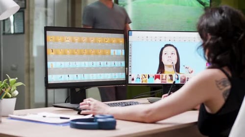 Woman Photo Editing on Dual Monitors at Desk
