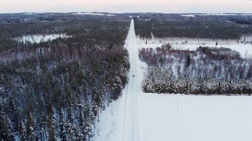 Car moving on a path in the middle of a forest area covered by white snow