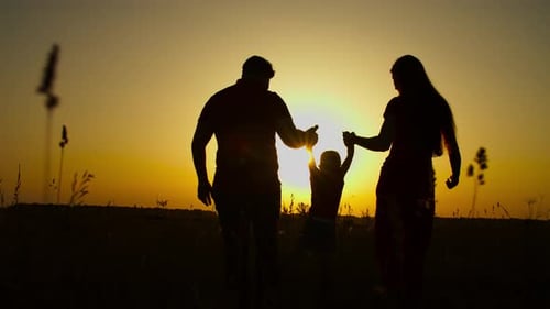 Family Silhouette Walking in Rural Field at Sunset