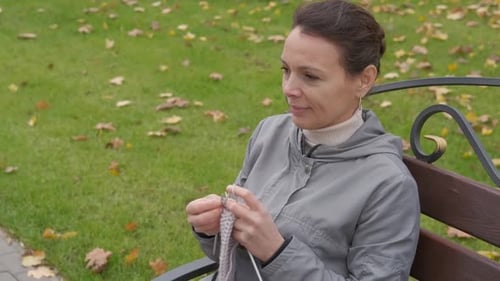 Woman Knitting on Park Bench in Autumn