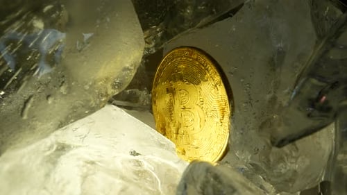 Golden Bitcoin Frozen Inside Clear Ice