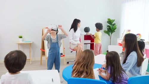 Kids Using VR Headset in Elementary School Classroom