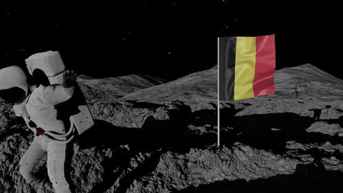 Astronaut Plants Belgian Flag on Moon Surface with Flag Waving