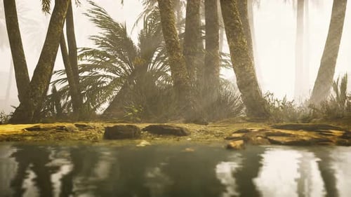 Dreamy Palm Forest with Water Reflection in Mist