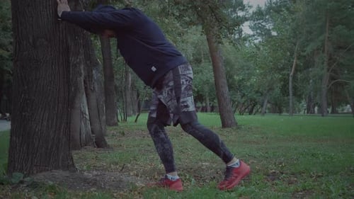 Athletic Young Adult Stretches Against Tree in Park