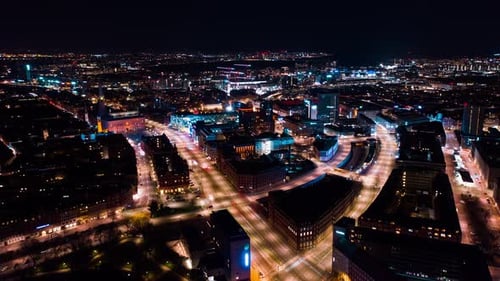 Drone Flight At Night Over City Traffic