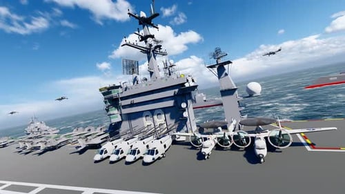 Aircraft Carrier and Warships Fleet with Fighter Jets in Ocean