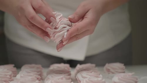 Confectioner's Woman Hands Cooking Strawberry Marshmallow with Sugar Powder in Slow Motion
