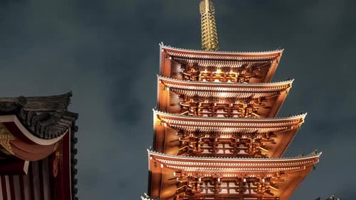Famous Sensoji Temple Illuminated At Night. Ancient Temple In Asakusa, Tokyo With Cloud Hyperlapse I
