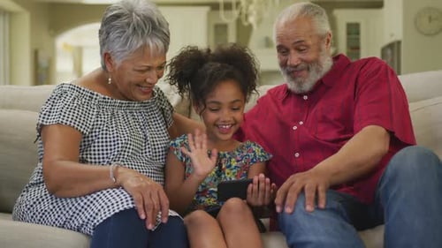 Grandparents and Grandchild On Video Call At Home