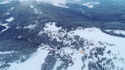 Fly over mountain ski resort