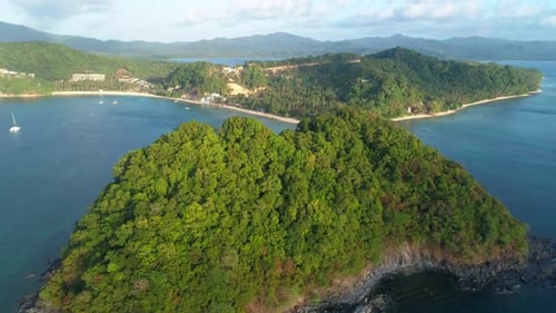 Aerial View From Above on a Tropical Island at Sunset