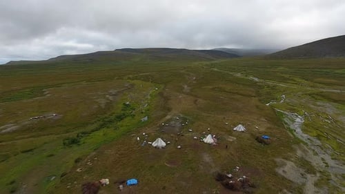 Flight Over Camp Of Reindeer Herders In Tundra