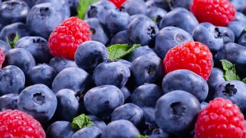 Close Up of Blueberries, Raspberries, and Mint