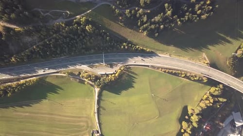 Aerial view of highway interstate road with fast moving traffic in europe.