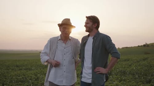 Two Men Stand Smile and Chat on Green Field