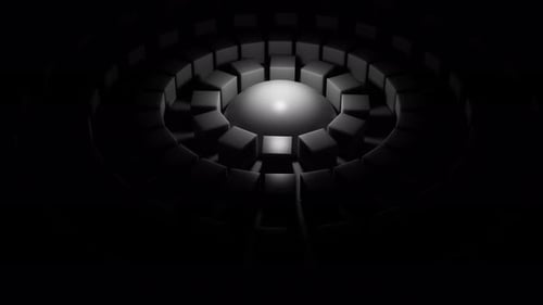 Abstract Metal Sphere Surrounded By Spinning Rows of Cubes Seamless Loop