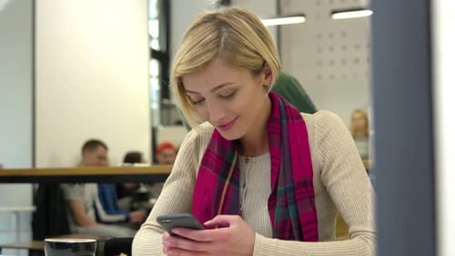 Technology. Smiling woman using mobile phone in cafe indoors