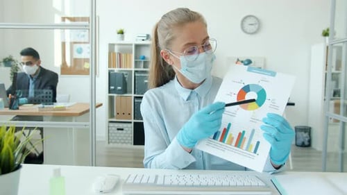Portrait of Young Female Employee Making Online Video Call From Office During Infection Epidemic
