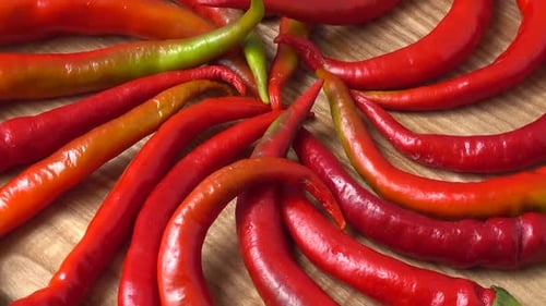 Dynamic Chili Peppers on Wood