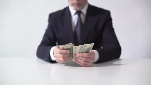 Rich Man zählt Bündel von Dollar-Banknoten, Geschäftsmann schätzt Einkommen