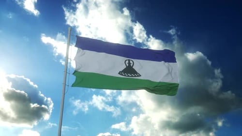 Lesotho National Flag Waving with Sunny Blue Sky